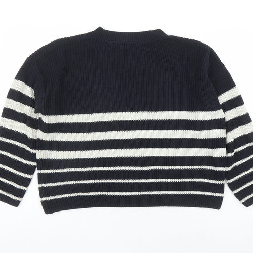 Zara Womens Blue Round Neck Striped Cotton Pullover Jumper Size S