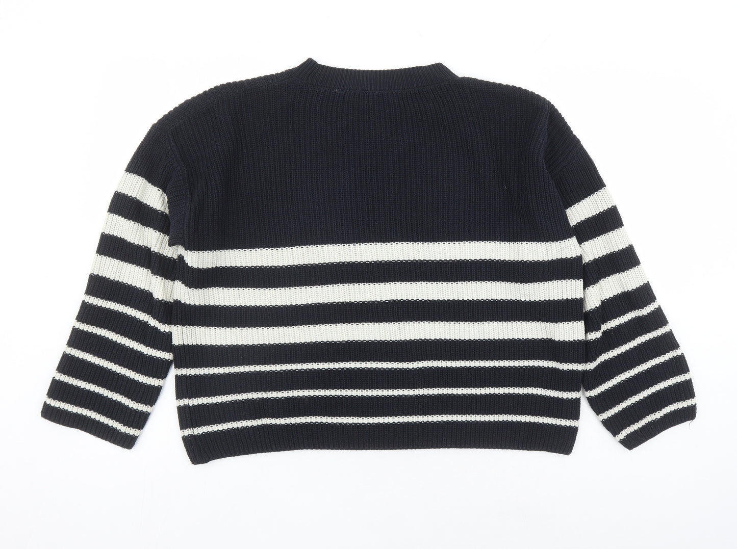 Zara Womens Blue Round Neck Striped Cotton Pullover Jumper Size S