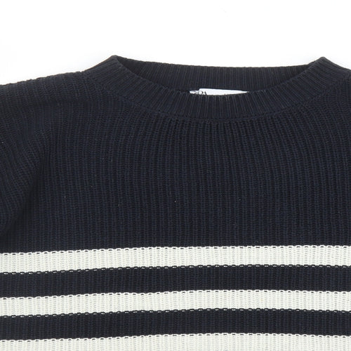 Zara Womens Blue Round Neck Striped Cotton Pullover Jumper Size S