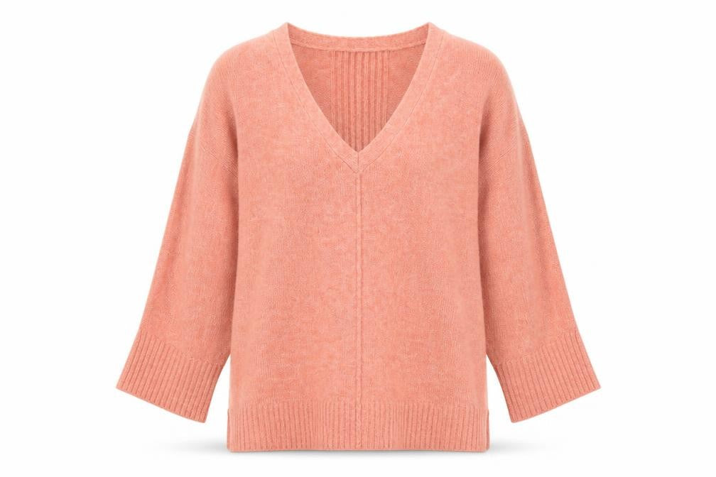 Front view of Monsoon women’s pink v-neck acrylic jumper, size M