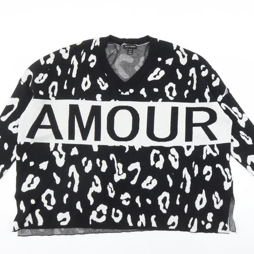 QED London Womens Black V-Neck Animal Print Acrylic Pullover Jumper Size S - Leopard Pattern Size S-M Amour