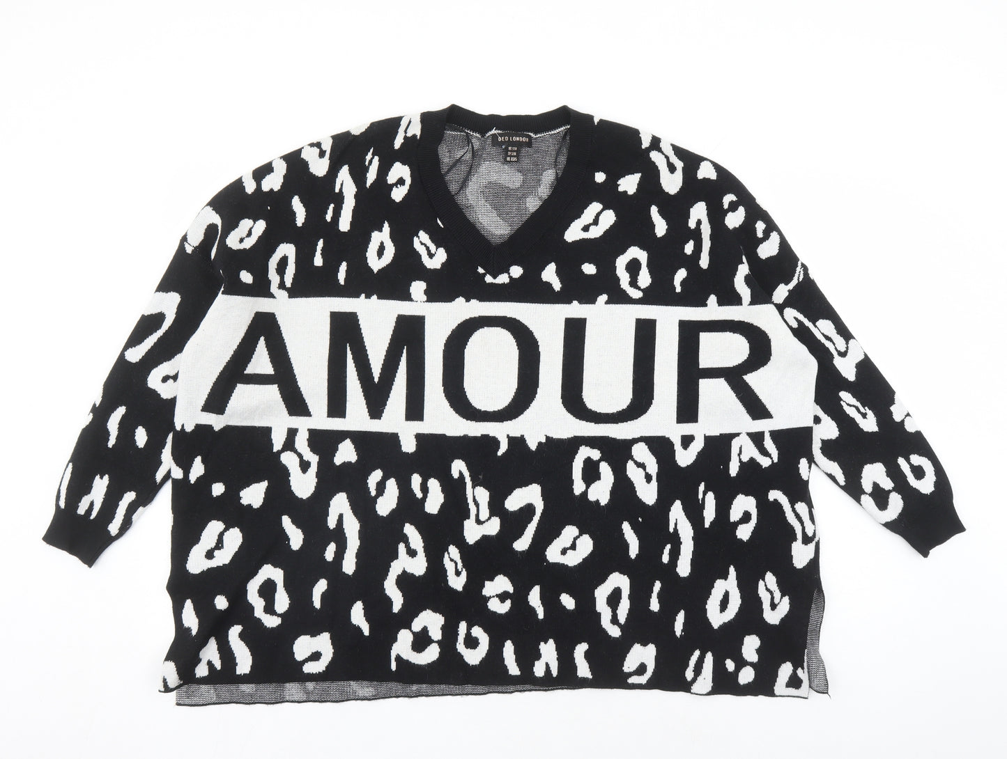 QED London Womens Black V-Neck Animal Print Acrylic Pullover Jumper Size S - Leopard Pattern Size S-M Amour