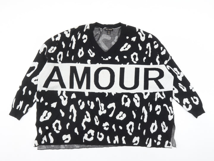 QED London Womens Black V-Neck Animal Print Acrylic Pullover Jumper Size S - Leopard Pattern Size S-M Amour