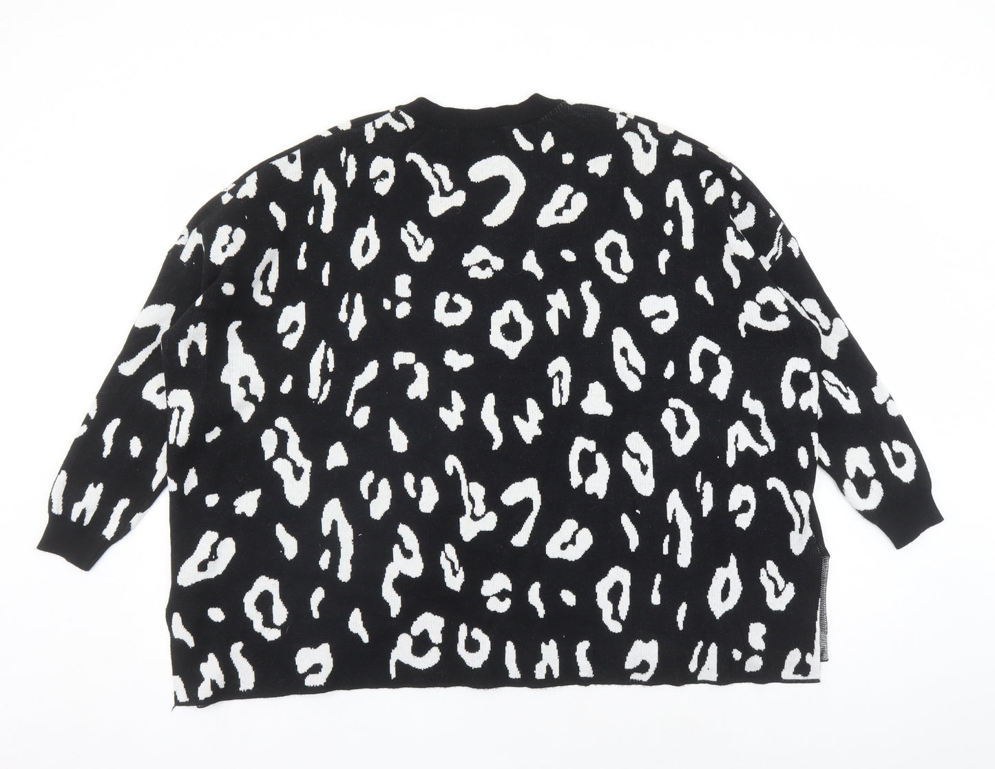 QED London Womens Black V-Neck Animal Print Acrylic Pullover Jumper Size S - Leopard Pattern Size S-M Amour