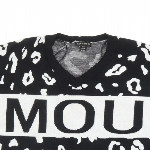 QED London Womens Black V-Neck Animal Print Acrylic Pullover Jumper Size S - Leopard Pattern Size S-M Amour