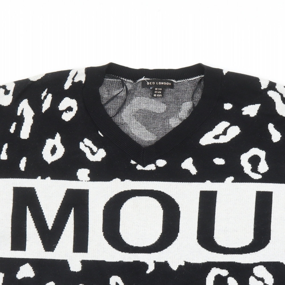 QED London Womens Black V-Neck Animal Print Acrylic Pullover Jumper Size S - Leopard Pattern Size S-M Amour
