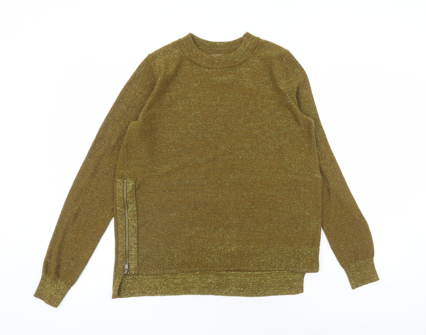 H&M Womens Gold Round Neck Polyester Pullover Jumper Size S - Side zip detail