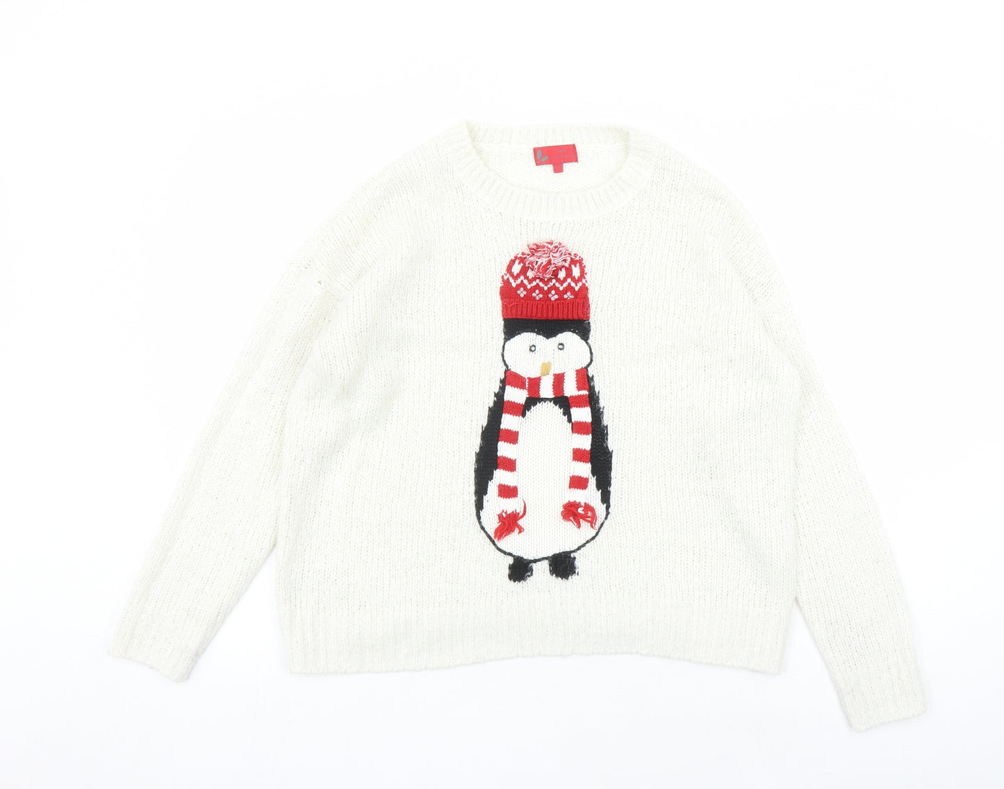 NEXT Womens White Round Neck Acrylic Pullover Jumper Size 12 - Christmas Penguin