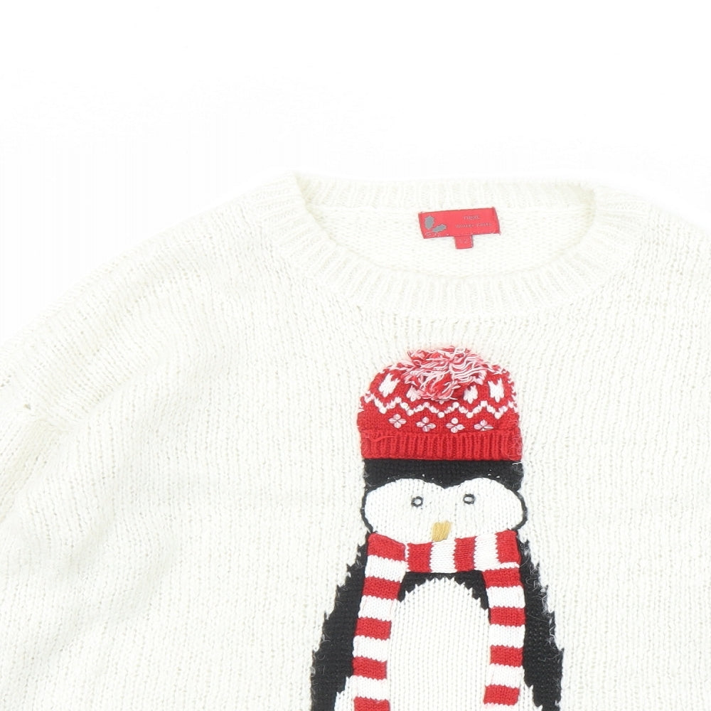 NEXT Womens White Round Neck Acrylic Pullover Jumper Size 12 - Christmas Penguin