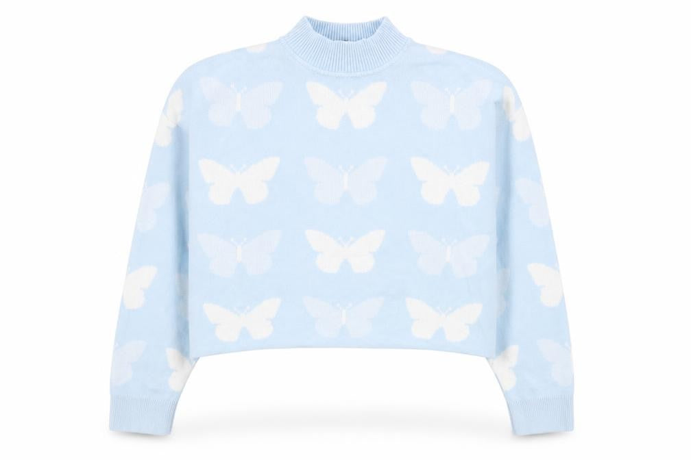 Front view of Divided by H&M women’s black mock neck geometric acrylic jumper, size M, - butterfly pattern