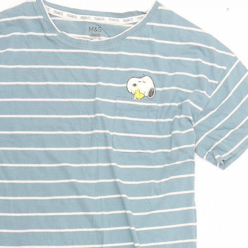 Marks and Spencer Womens Green Striped Cotton Basic T-Shirt Size 14 Round Neck - Snoop Long line