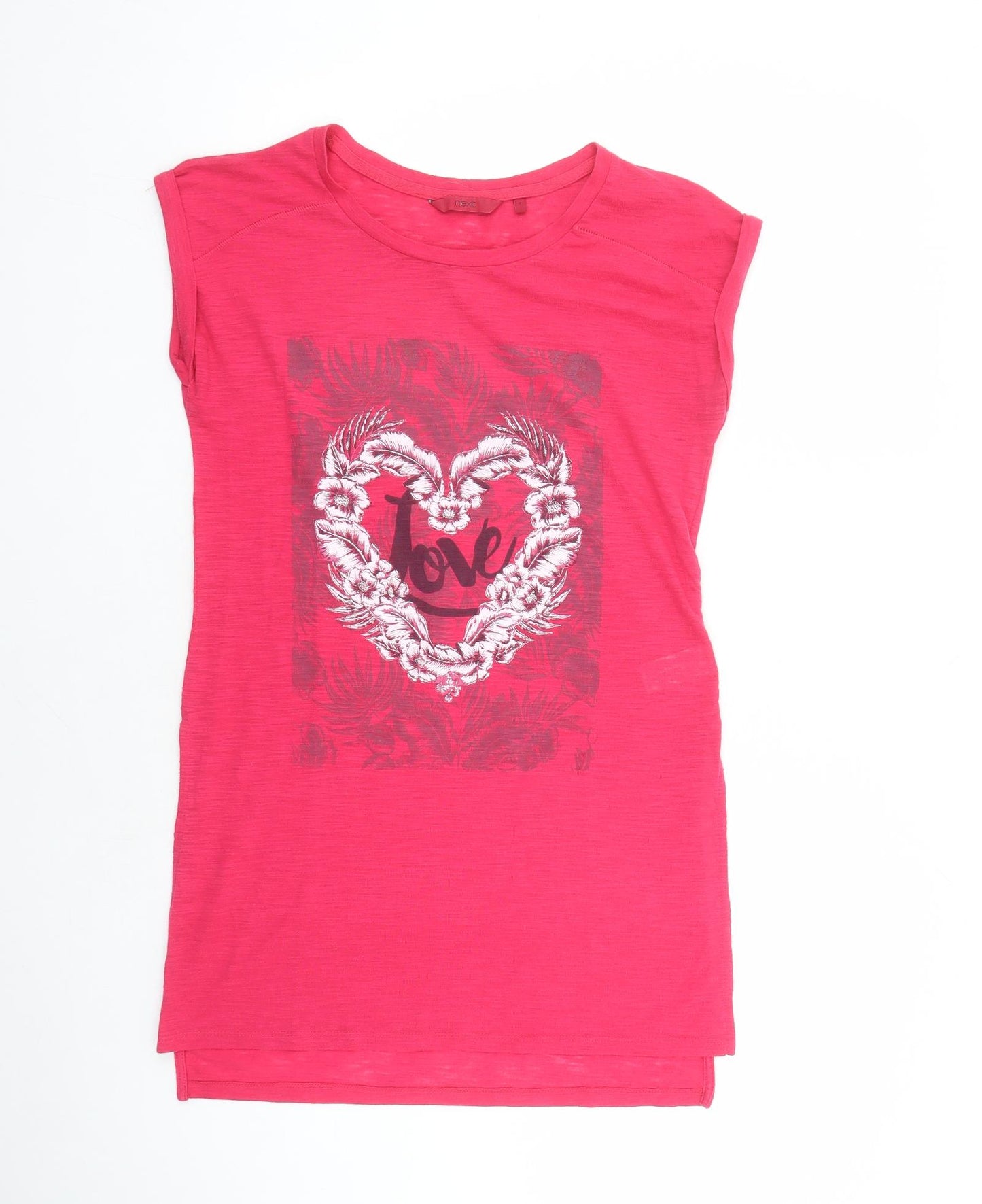 NEXT Womens Pink Polyester Basic T-Shirt Size 8 Round Neck - Love Long line Side split