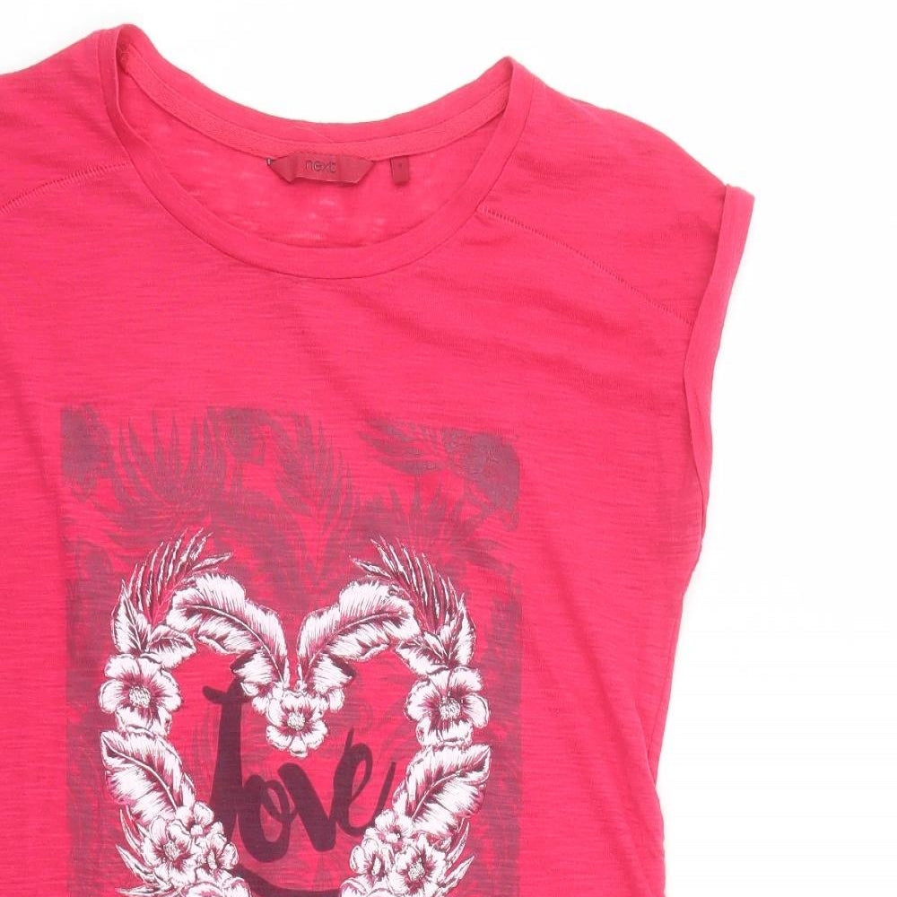 NEXT Womens Pink Polyester Basic T-Shirt Size 8 Round Neck - Love Long line Side split