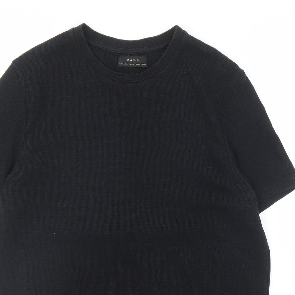Zara Mens Black Polyester T-Shirt Size M Round Neck