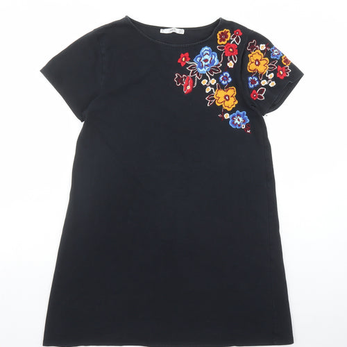 MNG Womens Black Floral Polyester T-Shirt Dress Size S Round Neck - Floral Embroidery