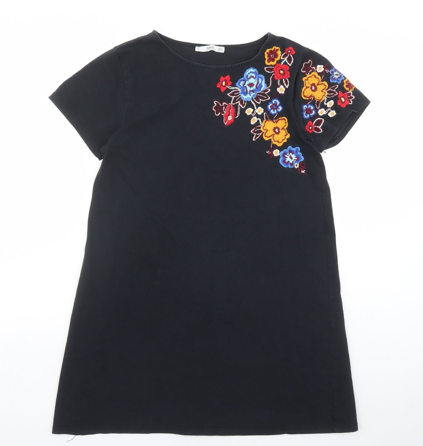 MNG Womens Black Floral Polyester T-Shirt Dress Size S Round Neck - Floral Embroidery