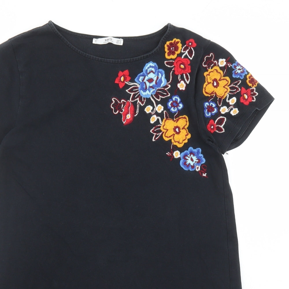 MNG Womens Black Floral Polyester T-Shirt Dress Size S Round Neck - Floral Embroidery