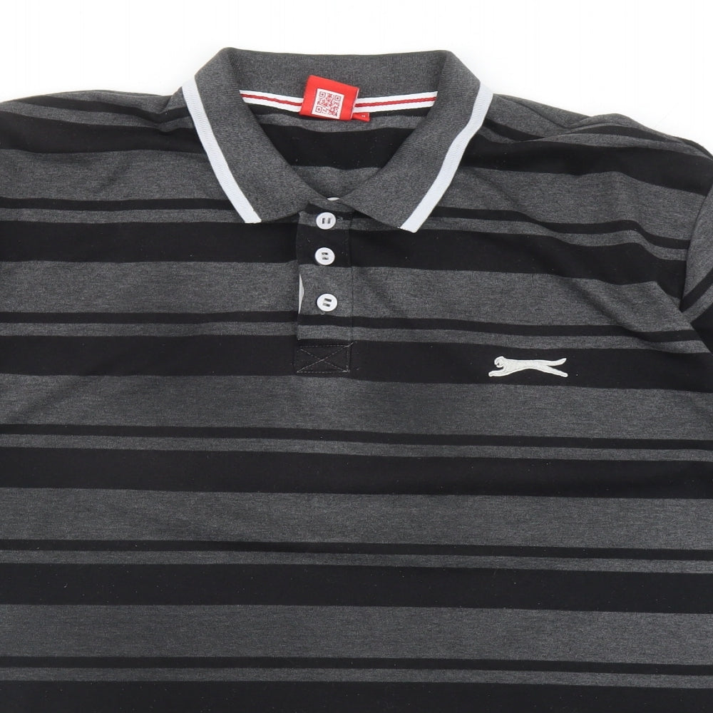 Slazenger Mens Black Striped Polyester Polo Size 2XL Collared Button