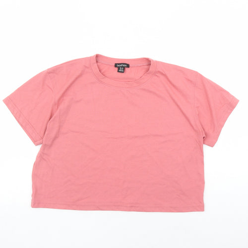 Boohoo Womens Pink Polyester Cropped T-Shirt Size 16 Round Neck