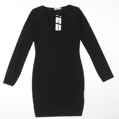 Mary Jane Fashion Womens Black Polyester Mini Size 10 V-Neck Pullover - Lace up Neck Detail
