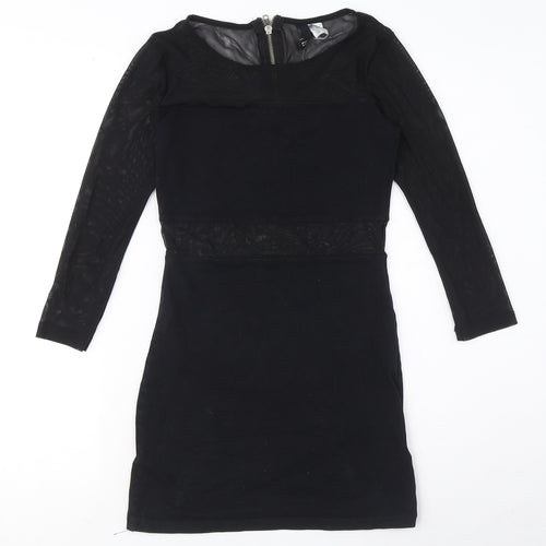 89th & Madison Womens Black Cotton Mini Size 6 Round Neck Zip - Mesh Cut Out Detail