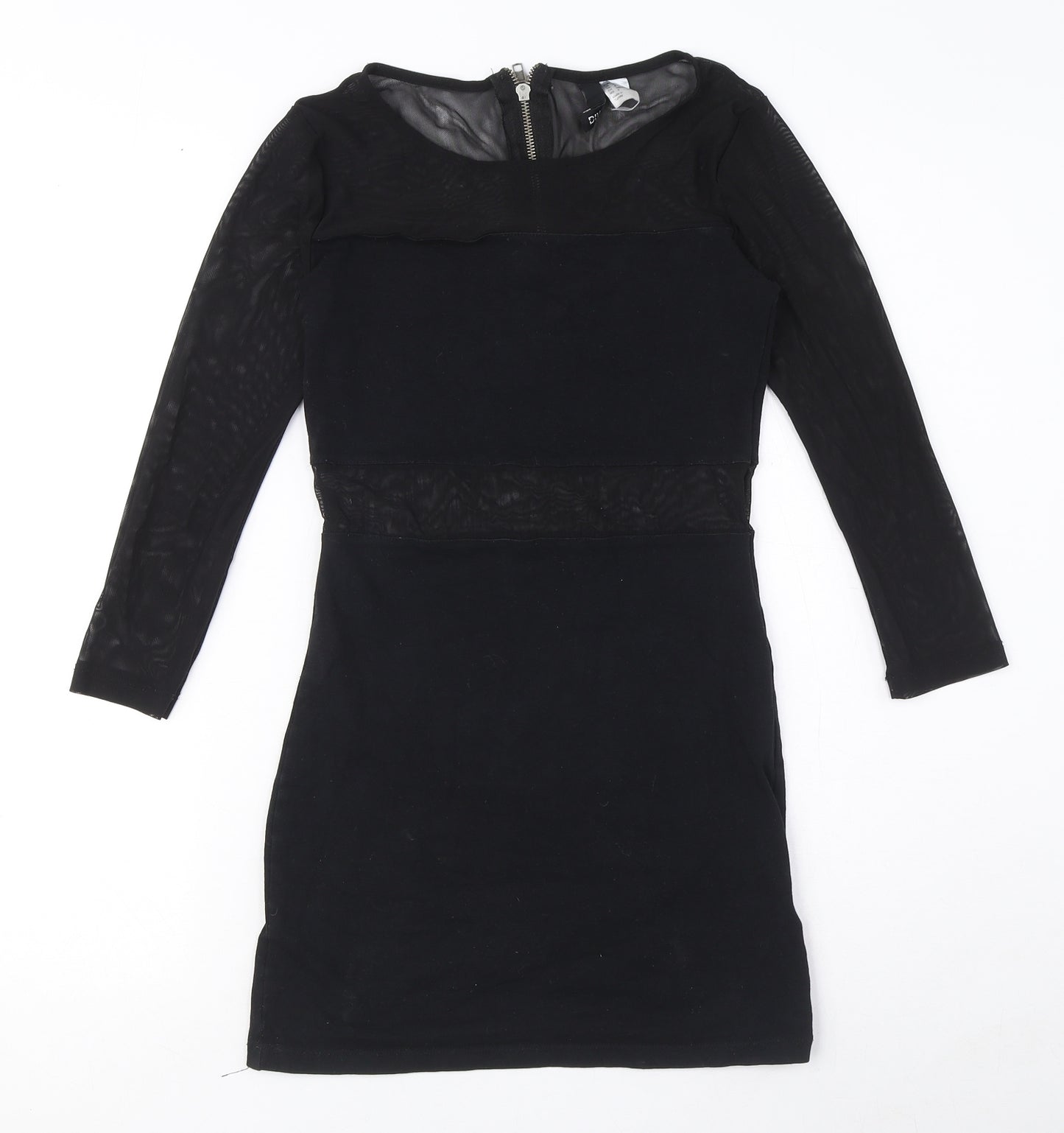 89th & Madison Womens Black Cotton Mini Size 6 Round Neck Zip - Mesh Cut Out Detail