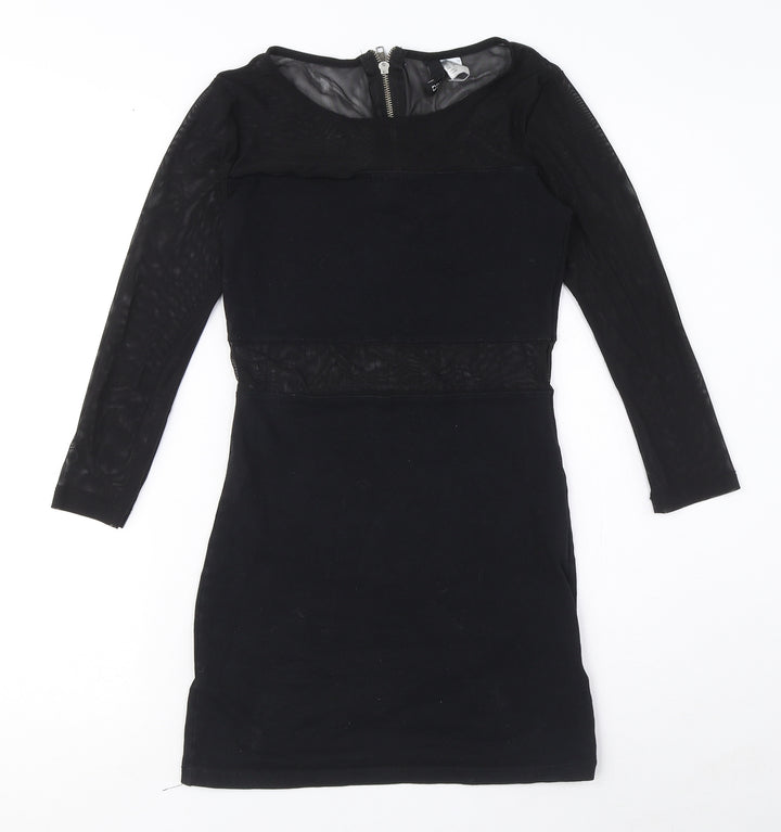 89th & Madison Womens Black Cotton Mini Size 6 Round Neck Zip - Mesh Cut Out Detail