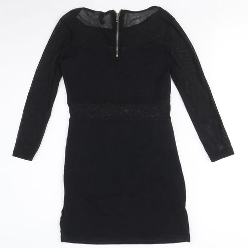 89th & Madison Womens Black Cotton Mini Size 6 Round Neck Zip - Mesh Cut Out Detail