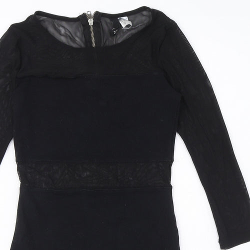 89th & Madison Womens Black Cotton Mini Size 6 Round Neck Zip - Mesh Cut Out Detail