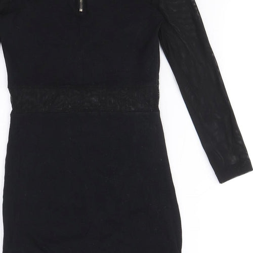 89th & Madison Womens Black Cotton Mini Size 6 Round Neck Zip - Mesh Cut Out Detail