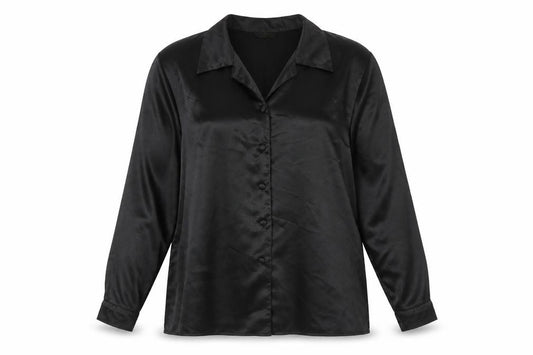 Front view of Nahila London women’s black polyester basic button-up, size UK 18, collared
