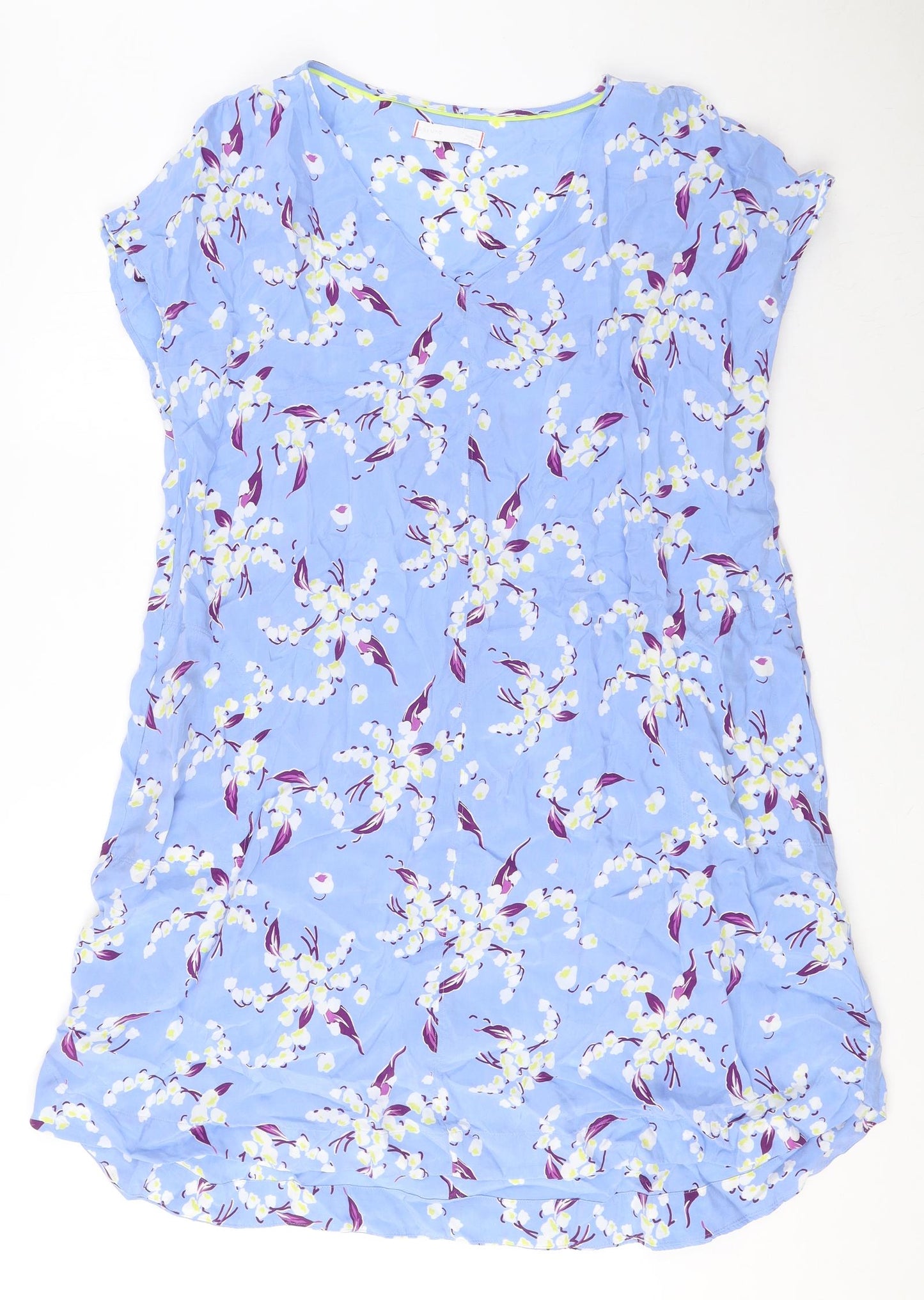 Per Una Womens Blue Floral Cupro T-Shirt Dress Size 14 V-Neck Pullover