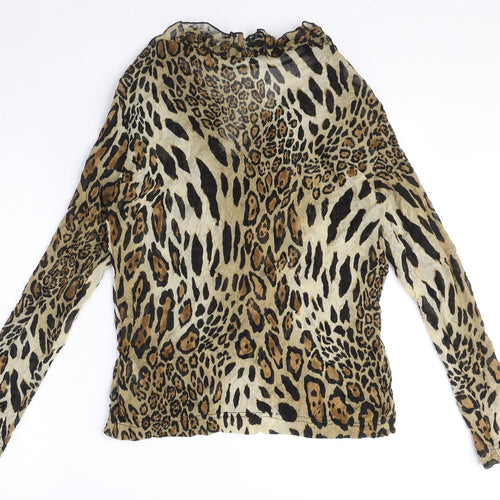 Verse Womens Brown Animal Print Polyacrylate Fibre Basic Blouse Size 10 V-Neck - Ruffle Detail, Leopard Print