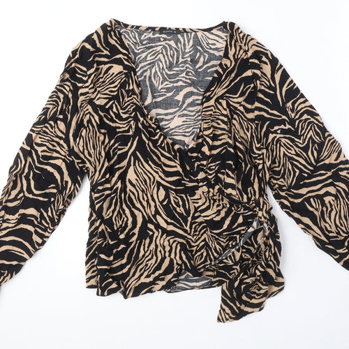 Roman Womens Black Animal Print Viscose Wrap Blouse Size 14 V-Neck - Tiger Print