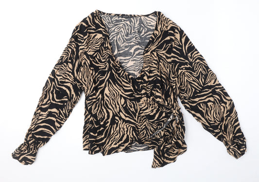 Front view of Roman women’s black animal print viscose wrap blouse, size UK 14, v-neck - tiger print