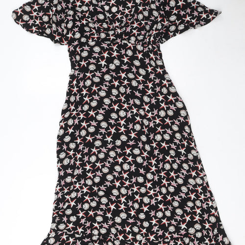 Marks and Spencer Womens Black Geometric Viscose A-Line Size 12 V-Neck Zip - Starfish and Shell