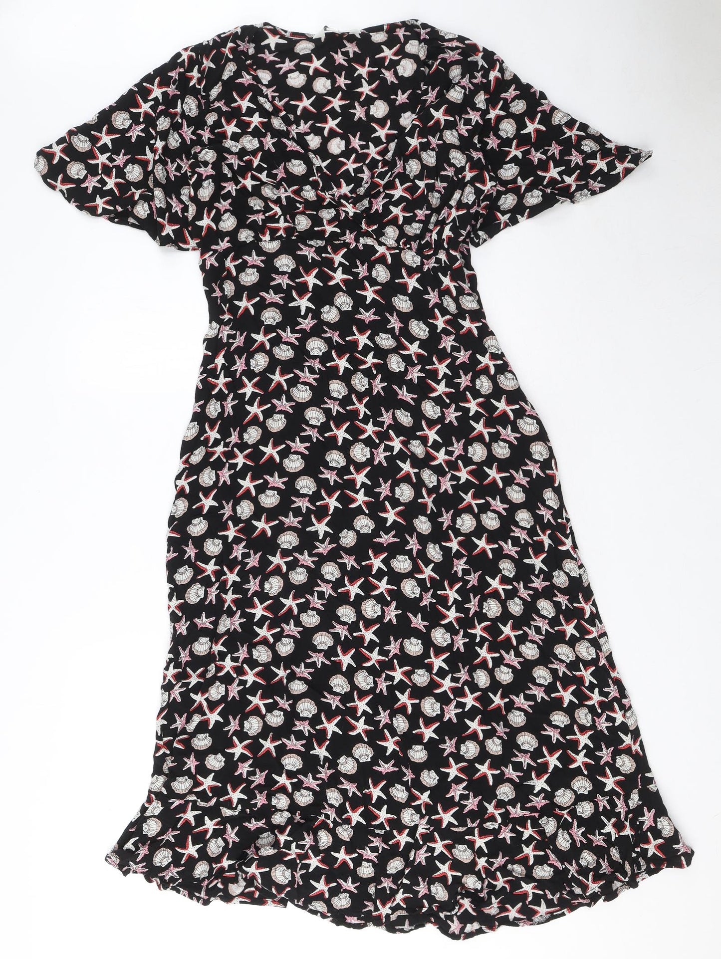 Marks and Spencer Womens Black Geometric Viscose A-Line Size 12 V-Neck Zip - Starfish and Shell