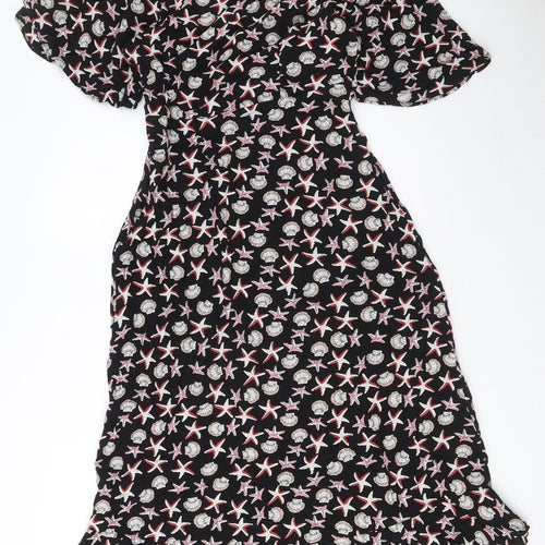 Marks and Spencer Womens Black Geometric Viscose A-Line Size 12 V-Neck Zip - Starfish and Shell