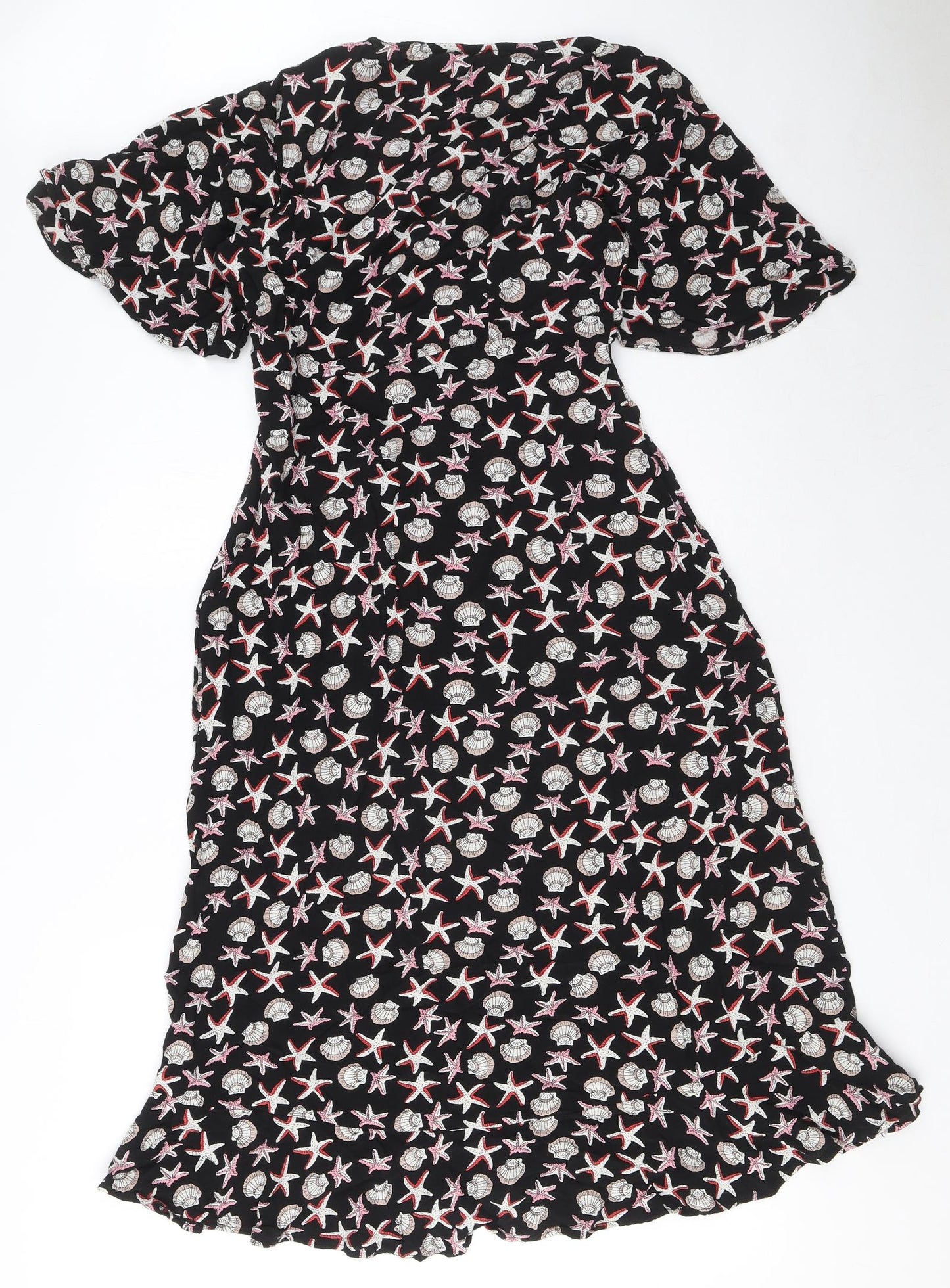 Marks and Spencer Womens Black Geometric Viscose A-Line Size 12 V-Neck Zip - Starfish and Shell