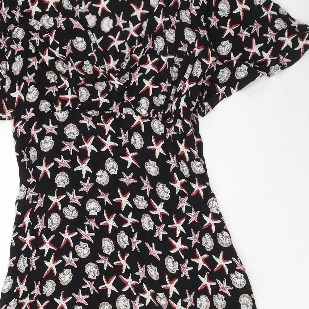 Marks and Spencer Womens Black Geometric Viscose A-Line Size 12 V-Neck Zip - Starfish and Shell