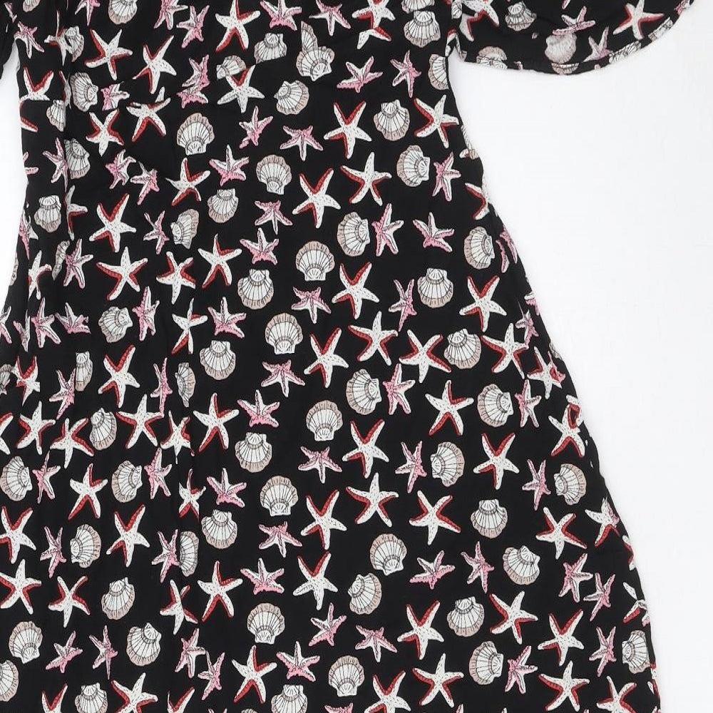 Marks and Spencer Womens Black Geometric Viscose A-Line Size 12 V-Neck Zip - Starfish and Shell