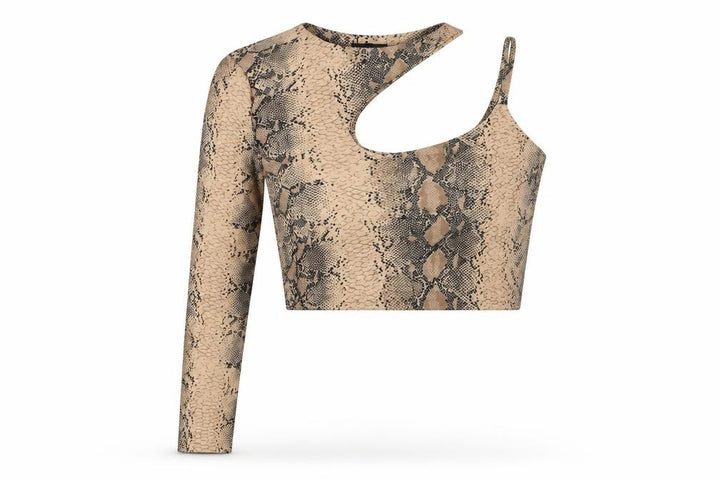 Nasty Gal Womens Brown Animal Print Polyester Cropped T-Shirt Size 6 One Shoulder - Snake Print