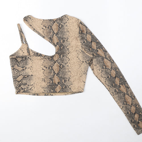 Nasty Gal Womens Brown Animal Print Polyester Cropped T-Shirt Size 6 One Shoulder - Snake Print