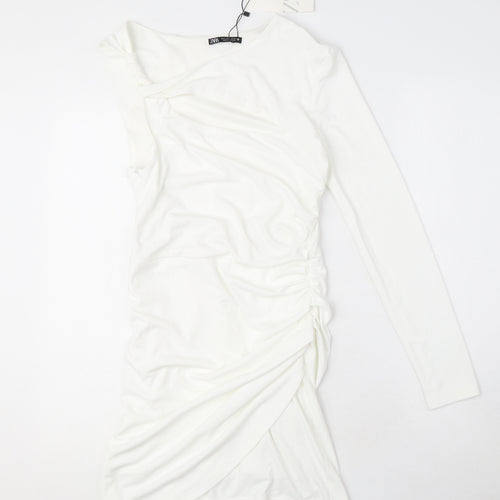 Zara Womens White Polyester Mini Size S One Shoulder Zip - Cut Out Detail