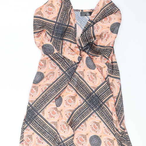 Missguided Womens Orange Paisley Polyester Mini Size 8 V-Neck Zip