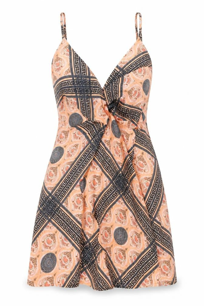 Front view of Missguided women’s orange paisley polyester mini, size UK 8, v-neck zip