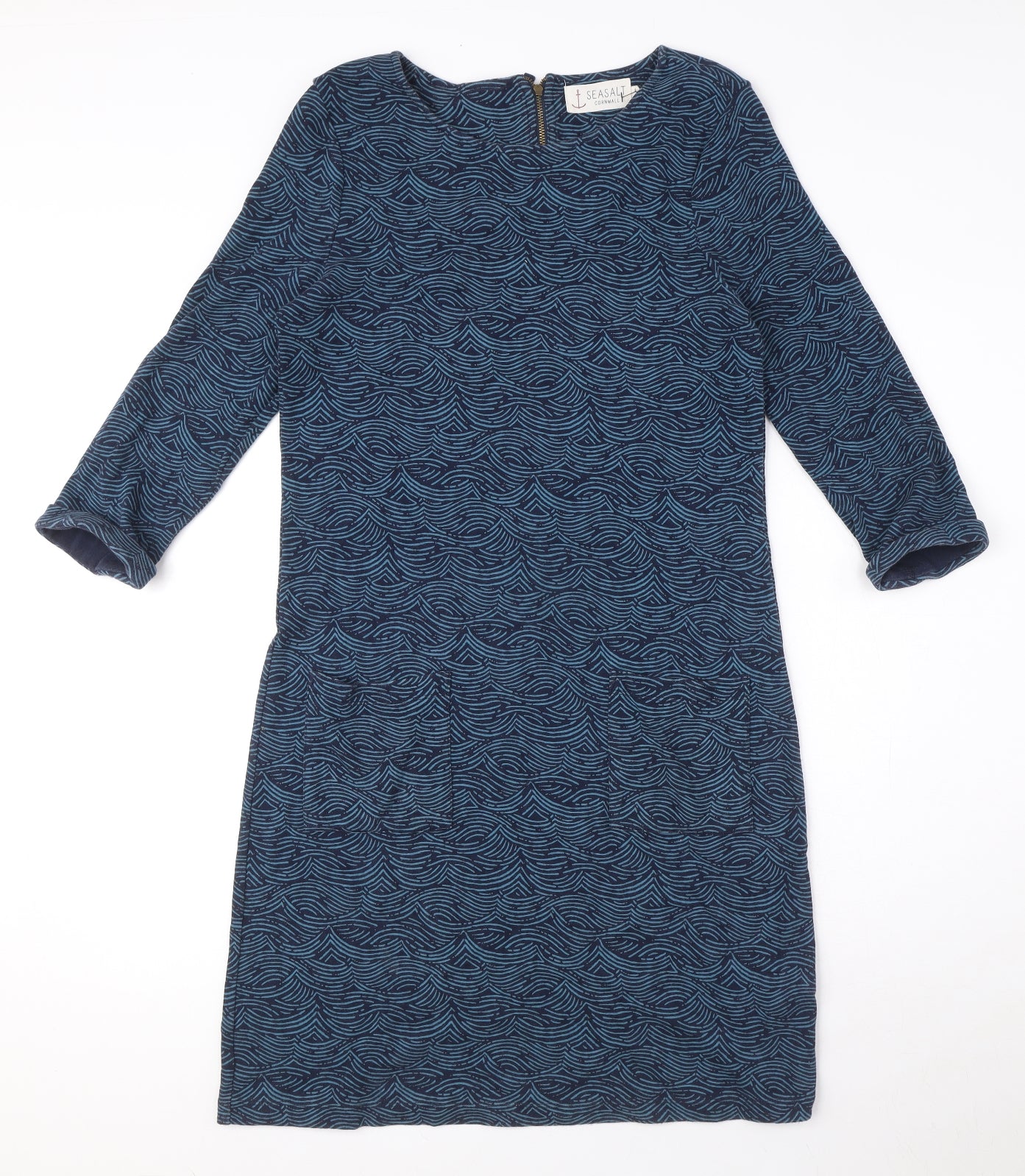 Seasalt Womens Blue Geometric Cotton Sheath Size 10 Round Neck Zip - Pockets