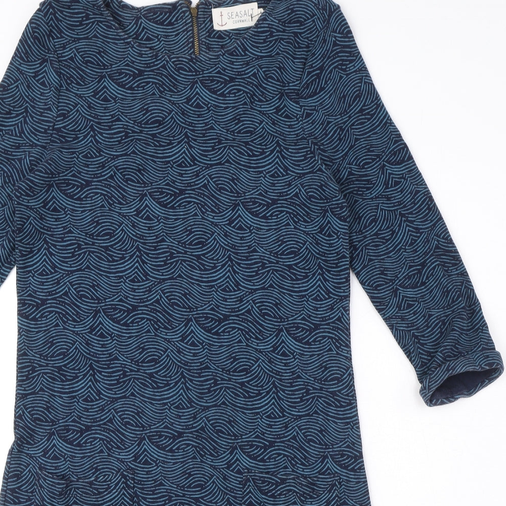 Seasalt Womens Blue Geometric Cotton Sheath Size 10 Round Neck Zip - Pockets