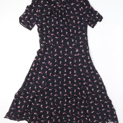 Marks and Spencer Womens Black Geometric Viscose A-Line Size 8 Boat Neck Zip - Cocktail Print
