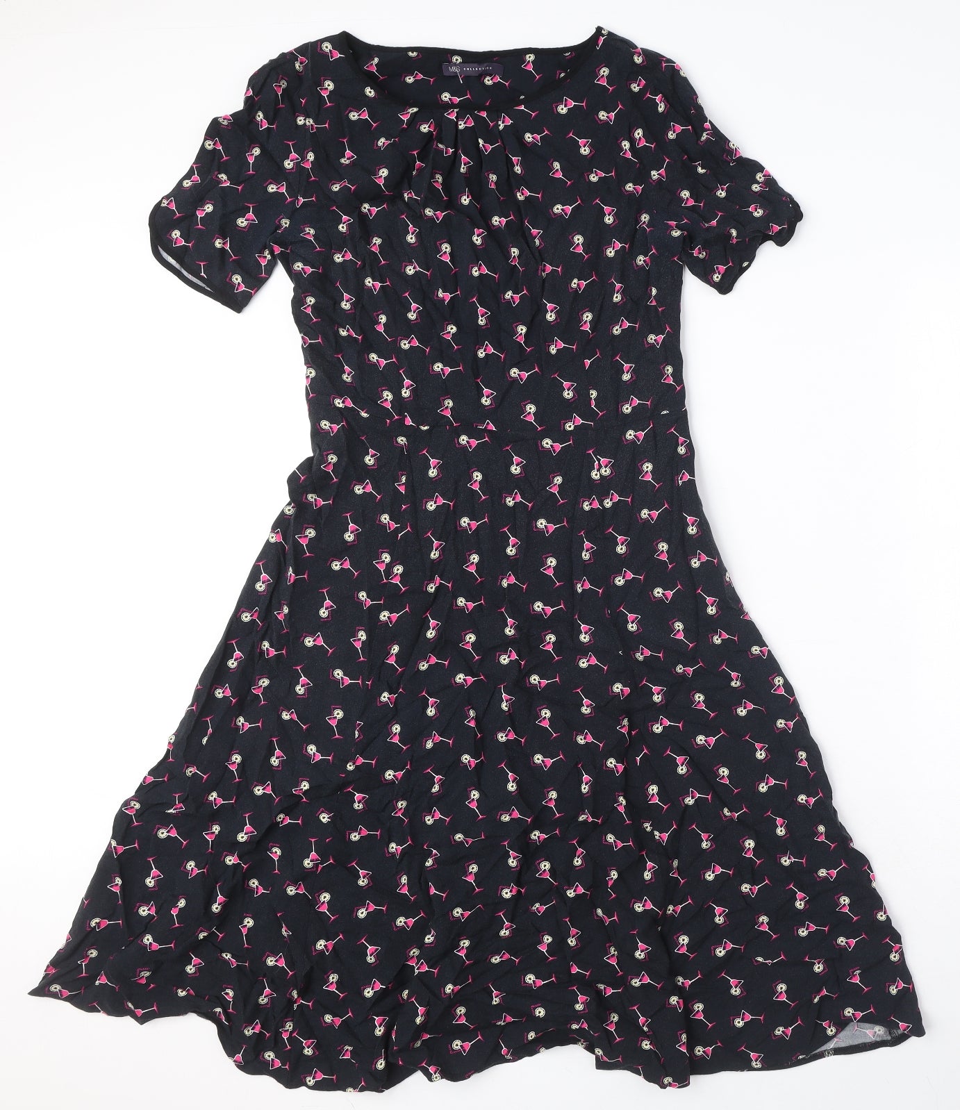 Marks and Spencer Womens Black Geometric Viscose A-Line Size 8 Boat Neck Zip - Cocktail Print